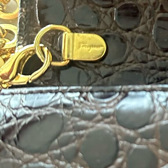 Salvatore Ferragamo Brown Croc Embossed Mini Bag with Gold Chain - Picture 6 of 12